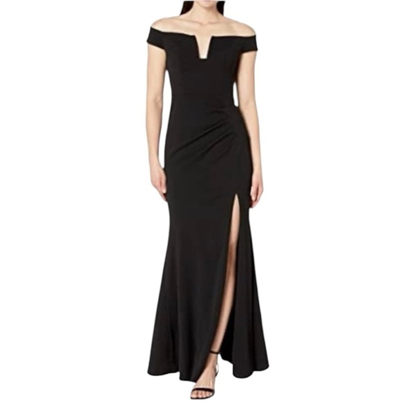 New! Xscape Long Off-The-Shoulder Scuba Black Crepe U-Front‎ - Picture 1 of 7